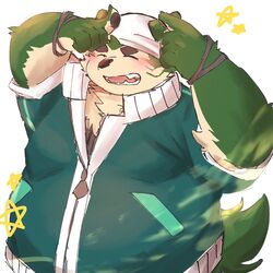  1:1 anthro bandana blush canid canine canis clothing domestic_dog fur green_body green_fur hi_res jacket kerchief komu_san8 lifewonders live_a_hero male mammal mokdai overweight overweight_male smile solo topwear wristband 