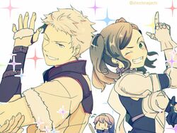  1boy 2girls armor blonde_hair blue_hair cynthia_(fire_emblem) fire_emblem fire_emblem_awakening gloves grey_hair grin highres leather looking_at_viewer lucina_(fire_emblem) multiple_girls nishimura_(shinchinagachi) one_eye_closed owain_(fire_emblem) smile teeth upper_body 