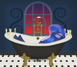  absurd_res alicorn bath bathroom bathtub blue_hair candle chains claw_foot_bathtub closed_eyes drain_plug emu34b equid equine ethereal_hair faucet female feral floor friendship_is_magic hair hasbro hi_res horn lying mammal mega_spark my_little_pony mythological_creature mythological_equine mythology on_back plug princess_luna_(mlp) relaxing shower shower_head smile solo sunset tile tile_floor twilight wet_mane window wings 