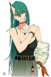  absurdres alternate_costume arknights belt bracelet breasts choker cleavage female green_eyes green_hair green_skirt green_tank_top hair_between_eyes hand_on_own_shoulder highres horns hoshiguma_(arknights) jewelry large_breasts long_hair looking_at_viewer necklace red_choker scar scar_on_cheek scar_on_face signature simple_background single_horn single_sleeve skin-covered_horns skirt solo suika_aji tank_top very_long_hair 