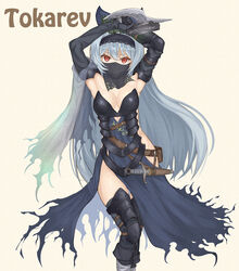  armor armpits arms_up beige_background belt belt_pouch blue_bow blue_dress blue_hair boots bow breasts character_name cleavage closed_mouth commentary_request contrapposto dagger dress elbow_gloves female filigree gauntlets girls&#039;_frontline gloves gun hairband hairbow handgun highres hip_focus knee_boots knife lace-trimmed_hairband lace_trim long_hair looking_at_viewer mouth_veil no_panties numazume pouch red_eyes sheath sideless_outfit simple_background solo thighhighs tokarev_(girls&#039;_frontline) tokarev_(griffin&#039;s_dancer)_(girls&#039;_frontline) torn_clothes torn_dress torn_veil trigger_discipline vambraces veil very_long_hair weapon 