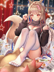  +_+ animal_ears blonde_hair blue_nails breasts brown_sweater christmas cleavage closed_mouth curtains feet female food foot_on_head fox_ears fox_girl fox_tail healing_luka highres holding holding_paper indie_virtual_youtuber indoors lf_(paro) long_hair long_sleeves looking_at_viewer nail_polish nightgown no_shoes panties paper pink_panties red_eyes sitting smile solo sweater tail thighhighs toes underwear virtual_youtuber white_thighhighs window 