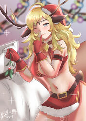  ;) alternate_costume antlers bell belt blonde_hair blue_eyes breasts christmas circlet female finger_to_mouth fire_emblem fire_emblem_fates gift_bag gloves hat highres holding holding_mistletoe horns large_breasts leather_belt long_hair looking_at_viewer mistletoe navel neck_bell one_eye_closed ophelia_(fire_emblem) reindeer_antlers rinku_bny sack santa_hat shushing smile thighs upper_body 