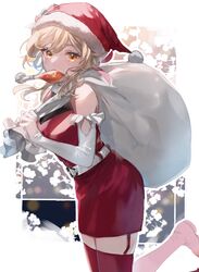  bad_id bad_twitter_id bag belt blonde_hair boots chicken_(food) christmas dress female food genshin_impact gloves hair_between_eyes hat highres looking_at_viewer lumine_(genshin_impact) red_dress santa_costume santa_gloves santa_hat solo thighhighs umenoume white_background yellow_eyes 