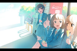  4girls black_hair blazer blonde_hair blunt_bangs brown_hair commentary_request covering_own_mouth day eye_contact food hand_over_own_mouth happy highres inami_hatoko jacket juice_box laughing leaning_back letterboxed licking long_hair looking_at_another looking_to_the_side medium_hair multiple_girls muted_color neck_ribbon open_mouth original outdoors pleated_skirt popsicle ribbon school_uniform shade shadow short_hair sitting skirt sunlight tongue tongue_out tree vending_machine 