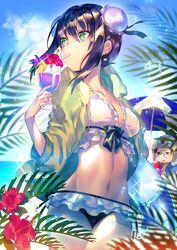  1boy beach beach_umbrella bikini black_bikini black_eyes black_hair blue_sky blush breasts bun_cover cleavage collarbone commentary_request cup day double_bun drinking drinking_glass emoillu fate/grand_order fate_(series) female flower glasses green_eyes green_jacket green_ribbons hair_bun hair_ribbon han_xin_(fate) helmet innertube jacket large_breasts long_sleeves looking_to_the_side mismatched_bikini navel open_clothes open_jacket outdoors qin_liangyu_(fate) ribbon sky sparkle swim_ring swimsuit thighs umbrella white_bikini 