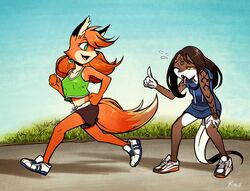  anthro bottomwear breasts canid canine clothing countershading crop_top duo exercise female fox hair kittellox_(artist) mammal midriff nipple_outline open_mouth patricia_mac_sionnach python red_fox reptile running scalie shirt shorts snake tank_top topwear true_fox workout 