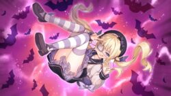  bat_(animal) bettle_(b_s_a_n) black_hat blonde_hair blue_eyes bow brown_footwear eyepatch female full_body hat hat_bow long_hair long_sleeves looking_at_viewer official_art puffy_long_sleeves puffy_sleeves re:act shoes smirk solo striped_clothes striped_thighhighs thighhighs tsukushi_aria virtual_youtuber 