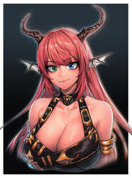  animal_ears armband armpits bare_shoulders belt_bra black_background blue_eyes blue_gemstone breasts cain_(gunnermul) chaos_(dungeon_and_fighter) cleavage collarbone commentary_request dungeon_and_fighter female gem gradient_background green_eyes heterochromia highres horns knight_(dungeon_and_fighter) korean_commentary large_breasts long_hair looking_at_viewer outer_glow pink_hair solo 