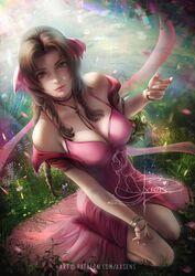  aerith_gainsborough alexandra_mae artist_name banned_artist basket black_choker bracelet breasts brown_hair choker cleavage closed_mouth day dress female final_fantasy final_fantasy_vii final_fantasy_vii_remake fingernails forehead from_above full_body green_eyes hand_on_own_thigh highres jacket jewelry large_breasts long_fingernails long_hair looking_at_viewer looking_up meadow off_shoulder on_grass on_ground open_clothes open_jacket outdoors petals pink_dress red_jacket short_sleeves signature sitting smile solo sunlight tri_braids wariza watermark web_address 