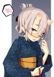  black-framed_eyewear blue_kimono blush commentary_request female flying_sweatdrops folded_ponytail grey_background grey_hair hair_between_eyes hand_up highres horns japanese_clothes kimono kiyu_(ogami_kazuki) long_sleeves nose_blush obi ogami_kazuki oni oni_horns original photoshop_(medium) red_eyes sash semi-rimless_eyewear solo spoken_blush two-tone_background under-rim_eyewear upper_body white_background wide_sleeves 