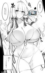  against_glass ahoge anchorage_(azur_lane) anchorage_(azur_lane)_(cosplay) anchorage_(dolphins_and_swim_lessons)_(azur_lane) anger_vein arashiki_mamizu arrow_(symbol) azur_lane bikini blunt_bangs blush breast_press breasts breasts_on_glass cellphone commentary_request cosplay female game_screenshot_inset greyscale hair_ribbon hand_on_glass highres holding holding_phone huge_breasts illustrious_(azur_lane) jealous long_hair looking_at_viewer mole mole_under_eye monochrome navel official_alternate_costume phone pout ribbon see-through see-through_sleeves side-tie_bikini_bottom smartphone swimsuit thighhighs translated 