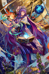  adapted_costume armillary_sphere bespectacled book bull character_doll commentary_request crescent crescent_hat_ornament female fireball flower glasses hair_ribbon hairband hat_ornament highres koakuma lolita_hairband long_sleeves magic mars_(planet) neko_(yanshoujie) open_book orrery patchouli_knowledge photoshop_(medium) plant purple_eyes purple_hair ribbon scorpion shoes solo star_(symbol) striped_clothes striped_thighhighs thighhighs touhou vertical-striped_clothes vertical-striped_thighhighs 