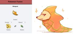  closed_mouth commentary english_commentary english_text from_side fusion metapod mootecky ninetales no_humans pokemon pokemon_(creature) red_eyes reference_inset signature sparkle 