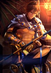  1boy abs absurdres ahoge akiwashi bare_pectorals black_gloves brown_hair cape dark-skinned_male dark_skin egyptian egyptian_clothes fate/grand_order fate/prototype fate/prototype:_fragments_of_blue_and_silver fate_(series) gauntlets gloves hair_between_eyes highres holding holding_staff jewelry looking_at_viewer male_focus muscular muscular_male necklace ozymandias_(fate) pectorals shrug_(clothing) sitting solo staff throne topless_male torch white_cape yellow_eyes 