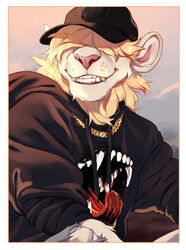  anthro bigroundlion blonde_hair blonde_mane border clothed clothing felid fully_clothed gold_(metal) gold_tooth hair hair_over_eye hair_over_eyes hat headgear headwear hi_res kalua lion male mammal mane one_eye_obstructed pantherine selfie smile smiling_at_viewer solo white_body white_border 