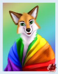  abstract_background absurd_res ambiguous_gender anthro black_eyebrows canid canine cheek_tuft eldingo_(artist) eyebrows facial_tuft flag flag_(object) fox fur green_eyes hi_res inner_ear_fluff lgbt_pride looking_at_viewer male mammal outline pride_color_flag pride_colors rainbow_background rainbow_flag rainbow_pride_colors rainbow_pride_flag rainbow_symbol simple_background six-stripe_rainbow_pride_colors smile smiling_at_viewer solo tuft wearing_flag white_body white_fur white_outline yellow_body yellow_fur 