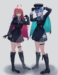  2girls absurdres adjusting_clothes adjusting_headwear ahoge aiguillette arm_at_side asakura_(asa_t77) black_footwear black_gloves black_headwear black_jacket black_necktie black_skirt blue_eyes blue_hair boots capelet closed_mouth collared_shirt commentary_request crossed_bangs cuffs floral_print flower_brooch gloves green_eyes grey_background hair_between_eyes handcuffs hat highres holding holding_handcuffs hololive hoshimachi_suisei jacket knee_boots light_blush long_hair long_sleeves looking_at_viewer micomet_(hololive) multiple_girls necktie peaked_cap pink_hair pleated_skirt police police_uniform policewoman sakura_miko shadow shirt short_hair sidelocks simple_background skirt smile standing star_(symbol) thigh_strap uniform virtual_youtuber white_shirt 