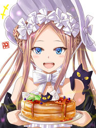  abigail_williams_(fate) abigail_williams_(swimsuit_foreigner)_(fate) abigail_williams_(swimsuit_foreigner)_(third_ascension)_(fate) bare_shoulders bikini black_cat black_jacket blonde_hair blue_eyes blush bonnet bow braid braided_hair_rings breasts fate/grand_order fate_(series) feline female food forehead hair_rings hairbow haura_akitoshi jacket long_hair looking_at_viewer off_shoulder open_clothes open_jacket open_mouth pancake parted_bangs plate sidelocks simple_background small_breasts smile swimsuit twin_braids twintails very_long_hair white_background white_bikini white_bow white_headwear 