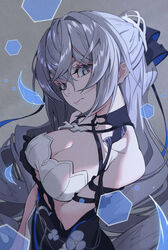  arm_under_breasts black_gloves breasts bronya_zaychik bronya_zaychik_(silverwing:_n-ex) cleavage closed_mouth dress drill_hair female gloves grey_background grey_eyes grey_hair hair_between_eyes hair_ornament highres holographic_interface honkai_(series) honkai_impact_3rd large_breasts lips long_hair looking_at_viewer solo ssssolagu twin_drills white_dress 