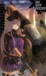  404 404_(girls&#039;_frontline) assault_rifle bag beret black_hat building closed_mouth commentary_request cross english_text female girls&#039;_frontline gloves green_eyes gun h&amp;k_hk416 hat highres hk416_(girls&#039;_frontline) holding holding_gun holding_weapon http_status_code iron_cross light_purple_hair long_hair numazume outdoors plaid plaid_skirt pleated_skirt rifle skirt solo standing thighhighs trigger_discipline twirling_hair very_long_hair weapon 