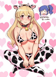  2girls :d ^_^ aikatsu! aikatsu!_(series) animal_ears animal_print bell bikini black_choker blonde_hair blue_hair blue_scrunchie blush breasts catchphrase chibi chibi_inset chinese_zodiac choker cleavage closed_eyes collarbone commentary_request covered_nipples cow_ears cow_horns cow_print cow_print_bikini cow_tail cowbell fake_animal_ears fake_horns fake_tail full_body hair_ornament hair_scrunchie hairband heart heart_background horns hoshimiya_ichigo indian_style kiriya_aoi large_breasts long_hair looking_at_viewer micro_bikini multiple_girls neck_bell open_mouth pink_lips print_bikini print_hairband print_thighhighs red_eyes scrunchie shiny_skin side-tie_bikini_bottom side_ponytail sitting smile solo_focus spoken_heart string_bikini swimsuit tail thighhighs translation_request tyranu underboob white_background year_of_the_ox 