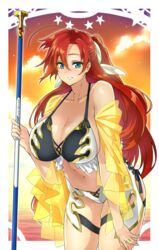  blue_eyes boudica_(fate) boudica_(third_ascension)_(fate) breasts cleavage fate/grand_order fate_(series) female izuna_nie large_breasts long_hair looking_at_viewer polearm red_hair smile solo swimsuit weapon 