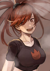  :d babydoll_t-shirt breasts brown_eyes collarbone crop_top cropped_shirt female flannery_(pokemon) grey_background highres kmusy_mp4 long_hair looking_at_viewer medium_breasts midriff_peek open_mouth pokemon pokemon_rse ponytail red_hair short_sleeves smile solo swept_bangs upper_body 