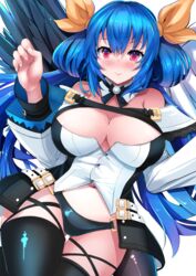  angel_wings ass_visible_through_thighs asymmetrical_wings bangs bare_shoulders belt black_legwear black_panties blue_hair blush breasts cleavage detached_collar dizzy_(guilty_gear) female guilty_gear guilty_gear_xrd hair_between_eyes hair_ornament hair_ribbon highres large_breasts long_hair looking_at_viewer midriff monster_girl navel panties red_eyes ribbon sidelocks simple_background solo stomach sukesan tail thick_thighs thigh_strap thighhighs thighs twintails underwear white_background wings yellow_ribbon 