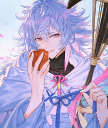  1boy ahoge apple bishounen center_frills fate/grand_order fate_(series) flower flower_knot food frills fruit hair_between_eyes hair_ornament holding holding_food holding_fruit holding_staff holding_weapon hood hood_down hooded_robe long_hair long_sleeves male_focus merlin_(fate) multicolored_hair pants parted_lips petals photoshop_(medium) pink_ribbon purple_eyes ribbon robe shaliva simple_background solo staff tassel turtleneck two-tone_hair upper_body very_long_hair weapon white_background white_hair white_robe wide_sleeves 