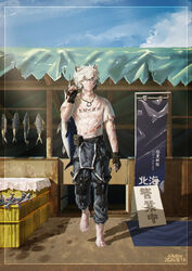  1boy absurdres adios animal_ears arknights arm_at_side artist_name banner barefoot bear_ears blood blue_sky border box bruise carpet chinese_commentary chinese_text closed_mouth clothes_writing collarbone commentary cuts dated fingerless_gloves fish gloves hand_up highres holding holding_rope injury jaye_(arknights) jaye_(elite_ii)_(arknights) knee_pads looking_away male_focus market_stall messy_hair neckwear_request outdoors pants pouch ringlets rope shirt short_hair short_sleeves sky solo strap swordfish translation_request walking white_hair white_shirt 