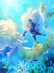  1boy blue_hair breasts female full_body gloves hair_over_breasts headband jewelry long_hair mermaid monster_girl no_s open_mouth orion_(saga) romancing_saga_2 saga smile underwater water 