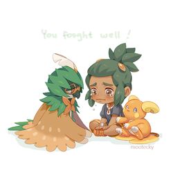  1boy alolan_raichu artist_name beak bird black_shirt blush brown_eyes closed_mouth commentary crying dark-skinned_male dark_skin decidueye english_commentary feather_hair feathers floral_print frown green_feathers green_hair hau_(pokemon) male_focus mootecky orange_footwear orange_shorts owl plume pokemon pokemon_(anime) pokemon_(creature) pokemon_sm_(anime) raised_eyebrows shirt shoes short_ponytail shorts sitting tears white_background white_feathers winged_arms wings 