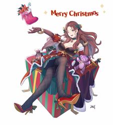  ;d absurdres bare_shoulders black_pantyhose braid breasts brown_hair choker cleavage collarbone commentary da-cart dorothea_arnault dorothea_arnault_(winter) dress earrings female fire_emblem fire_emblem:_three_houses fire_emblem_heroes fire_emblem_warriors:_three_hopes fishnet_pantyhose fishnets forehead green_eyes high_heels highres jewelry large_breasts long_hair looking_at_viewer official_alternate_costume official_alternate_hairstyle one_eye_closed open_mouth pantyhose red_dress red_footwear simple_background smile solo stuffed_animal stuffed_toy teddy_bear teeth upper_teeth_only very_long_hair white_background 