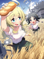  &lt;o&gt;_&lt;o&gt; 1boy 3girls :d absurdres ahoge aircraft airplane beard_stubble belt bitten black_eyes black_hair blonde_hair blue_eyes blue_sky bread breasts chasing chito_(shoujo_shuumatsu_ryokou) cigarette closed_eyes cloud collarbone combat_helmet commentary cowlick d: dirty dirty_clothes dirty_face dot_nose facial_hair factory field_ration floating_hair food foreshortening glasses glint green_pants grey_pants helmet highres holding holding_cigarette holding_food holster ishii_(shoujo_shuumatsu_ryokou) kanazawa_(shoujo_shuumatsu_ryokou) kettenkrad kuromasu long_hair long_sleeves looking_at_another looking_back looking_to_the_side medium_breasts military military_uniform multiple_girls open_mouth outdoors pants parachute ponytail shirt short_hair short_sleeves shoujo_shuumatsu_ryokou sky small_breasts smile stubble sweat two_side_up uniform wheat wheat_field white_shirt yuuri_(shoujo_shuumatsu_ryokou) 