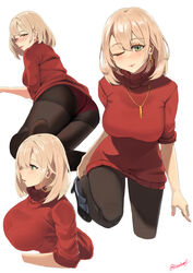  artist_name ass black_footwear black_pantyhose blonde_hair blush breasts christmas closed_mouth commentary_request crotch_seam earrings female full_body girls&#039;_frontline green_eyes highres hoop_earrings jewelry kion-kun lips looking_at_viewer looking_away medium_breasts medium_hair merry_christmas mole mole_under_eye multiple_views nail_polish necklace official_alternate_costume one_eye_closed open_mouth panties panties_under_pantyhose pantyhose pink_nails px4_storm_(girls&#039;_frontline) px4_storm_(queen_of_x&#039;mas_morning)_(girls&#039;_frontline) red_panties red_sweater shoes sitting smile sweater turtleneck twitter_username underwear white_background 