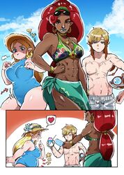  1boy 2girls beach big_breasts bikini blonde blonde_female blonde_hair breasts breath_of_the_wild chubby chubby_female dark-skinned_female dark_skin dekoboko021 fat_female female friends gerudo heart_speech_bubble hylian light-skinned_female light-skinned_male light_skin link link_(breath_of_the_wild) male one-piece_swimsuit overweight princess_zelda red_hair scar smile smiling straw_hat the_legend_of_zelda topless topless_male urbosa vacation wholesome zelda_(breath_of_the_wild) 