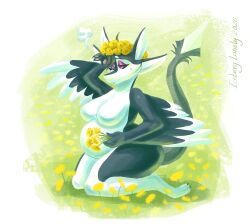  2026 3_fingers 3_toes 4_ears accessory anthro artist_name avali avian belly bent_legs big_belly big_breasts biped bird black_body black_claws black_feathers black_finger_claws black_fur black_sclera black_tail black_toe_claws black_wings bodily_fluids bouquet breasts breath claws colored countershade_face countershade_torso countershading dandelion dated digital_drawing_(artwork) digital_media_(artwork) digitigrade emanata english_text eyeshadow feathered_wings feathers featureless_breasts feet female female_anthro finger_claws fingers flower flower_accessory flower_bouquet flower_crown flower_garland flower_in_hair flower_on_head flyper full-length_portrait fur fyr's_mum_(fenrir784) fyr_(fenrir784) grass grey_body hair hair_accessory half-closed_eyes hand_on_head headgear hi_res holding_flower holding_object holding_plant kneeling light lighting long_tail looking_down makeup multi_ear multicolored_body multicolored_feathers multicolored_fur narrowed_eyes nature nature_background nude nude_anthro nude_female on_ground open_mouth outside panting pawpads picking_flowers pink_pawpads plant portrait pregnant pregnant_anthro pregnant_female purple_eyes purple_eyeshadow purple_makeup raised_arm shaded signature simple_background simple_shading slightly_chubby slightly_chubby_female solo sweat sweatdrop tail text thick_thighs three-quarter_view tired toe_claws toes tuft two_tone_body white_belly white_body white_breasts white_countershading white_face white_feathers white_feet white_fur white_tail white_wings winged_arms wings 