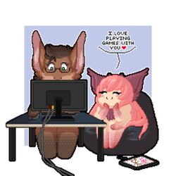  1:1 4_arms alpha_channel azi aziran bat computer digital_media_(artwork) domestic_cat doodlelu1992 duo electronics english_text felid feline felis fluffybastion gaming low_res mammal multi_arm multi_limb pixel_(artwork) text trinket 