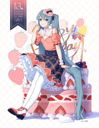  :q anniversary arm_support black_bow black_skirt blue_eyes blue_hair bow brown_shirt brown_sleeves cake character_name chinese_commentary closed_mouth commentary detached_sleeves female fen_renlei food food_on_face food_on_hand framed_cleavage frilled_skirt frills fruit full_body hairbow happy_birthday hatsune_miku heart highres long_hair pantyhose photoshop_(medium) plaid plaid_skirt puffy_short_sleeves puffy_sleeves red_footwear shadow shirt shoes short_sleeves signature single_wrist_cuff sitting skirt sleeveless sleeveless_shirt smile solo strawberry tongue tongue_out twintails very_long_hair vocaloid white_background white_pantyhose wrist_cuffs 