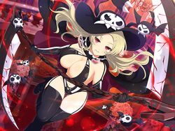  ass_visible_through_thighs banister bat_(animal) bat_wings black_cape blonde_hair blush breasts cape chandelier cleavage column elbow_gloves energy female flower gloves groin hair_ornament hairclip hat high_heels holding holding_scythe holding_weapon huge_weapon indoors large_breasts leaf long_hair looking_at_viewer mole mole_under_mouth navel official_art parted_lips peace_symbol pillar polearm red_cape red_eyes revealing_clothes rose scythe senran_kagura senran_kagura_new_link senran_kagura_shinovi_versus shiki_(senran_kagura) shiny_skin skull skull_on_head smile solo thigh_strap thighhighs third-party_source two-tone_cape weapon white_flower white_rose window wings yaegashi_nan 