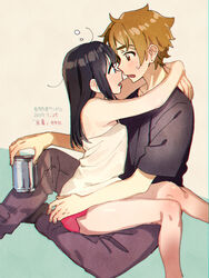  1boy alcohol arms_around_neck bare_shoulders beige_background black_hair black_shirt blue_background blue_eyes blush breasts brown_eyes brown_hair brown_pants can collarbone commentary_request couple dated drunk embarrassed eye_contact face-to-face female hand_on_another&#039;s_hip holding holding_can hug imminent_kiss kitashirakawa_tamako long_hair looking_at_another momose_(oqo) ooji_mochizou open_mouth pants pink_shorts shirt short_shorts short_sleeves shorts sidelocks simple_background sitting sitting_on_lap sitting_on_person sleeveless sleeveless_shirt straight sweat tamako_market translation_request two-tone_background white_shirt 