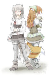  2016 2_tails absurd_res accessory animal_humanoid book canid canid_humanoid canine canine_humanoid clothed clothing digital_drawing_(artwork) digital_media_(artwork) duo ears_back eyewear female fox_ears fox_tail fred_gallagher fredrin glasses hair hair_accessory hairclip headscarf hi_res humanoid jewelry legwear long_hair looking_back mammal mammal_humanoid megatokyo multi_tail myuri_(spice_and_wolf) necklace open_mouth orange_hair pivoted_ears red_eyes spice_and_wolf tail tights white_hair wolf_humanoid yakugashi_(megatokyo) 