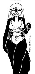  2022 anthro bikini black_and_white breasts clothed clothing ear_piercing ear_ring female fur hair hi_res kelly_o&#039;dor looking_at_viewer mammal mephitid monochrome navel piercing ring_piercing skunk solo swimwear tegerio whiskers zandar&#039;s_saga 