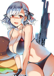  asymmetrical_bangs bangs banned_artist bikini black_bikini black_ribbon blush breasts cleavage collarbone female fingerless_gloves girls_frontline gloves gun hair_ribbon highres large_breasts lolicept looking_at_viewer navel open_mouth red_eyes revision ribbon short_hair silver_hair simple_background single_glove smile solo spas-12_(girls_frontline) swept_bangs swimsuit thighs weapon 