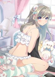  :o animal_ears ass back bear_ears bear_tail bed bedroom blue_eyes blurry blurry_background blush bow bow_bra bra brown_hair curtains depth_of_field fake_animal_ears fake_tail female frilled_bra frilled_panties frills highres indoors lamp long_hair on_bed onbin_ha original panties parted_lips paw_print sitting socks solo striped_clothes striped_socks stuffed_animal stuffed_toy tail teddy_bear underwear underwear_only wariza window 