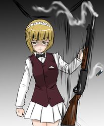  absurdres anger_vein angry bartender black_bow black_bowtie blonde_hair blunt_bangs bob_cut bow bowtie brown_eyes brown_vest clenched_hand closed_mouth commentary cowboy_shot cutlass_(girls_und_panzer) dress_shirt female frown girls_und_panzer glaring gradient_background grey_background gun highres holding holding_gun holding_weapon long_sleeves looking_at_viewer miniskirt moesenyukikaze motion_blur pleated_skirt pump_action remington_870 school_uniform shirt short_hair shotgun shotgun_shell skirt smoke solo standing vest weapon white_shirt white_skirt wing_collar 