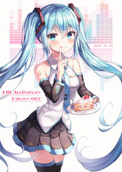  :q anniversary aqua_eyes aqua_hair bare_shoulders birthday_cake black_skirt black_thighhighs blue_eyes blue_hair blush breasts cake cake_slice character_name closed_mouth collarbone commentary cowboy_shot cream detached_sleeves female food fruit hair_between_eyes hair_ornament haneiro hatsune_miku highres holding holding_plate long_hair long_sleeves looking_at_viewer medium_breasts necktie plate pleated_skirt shirt skindentation skirt sleeveless sleeveless_shirt smile solo strawberry thighhighs tongue tongue_out twintails very_long_hair vocaloid zettai_ryouiki 