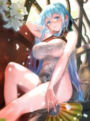  artist_name blue_hair blush breasts china_dress chinese_clothes commentary_request dress female flower folding_fan glasses hair_ornament hand_fan holding holding_fan indoors large_breasts long_hair looking_at_viewer monocle nyan5000 omc petals pince-nez sitting smile solo very_long_hair 