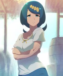  arms_under_breasts barrel blue_eyes blue_hair blue_skirt breasts bright_pupils closed_mouth collarbone commentary_request day ero_kaeru female frown hair_ornament lana&#039;s_mother_(pokemon) long_hair mature_female no_sclera outdoors pokemon pokemon_(anime) pokemon_sm_(anime) raised_eyebrows shirt short_sleeves skirt solo white_pupils white_shirt 